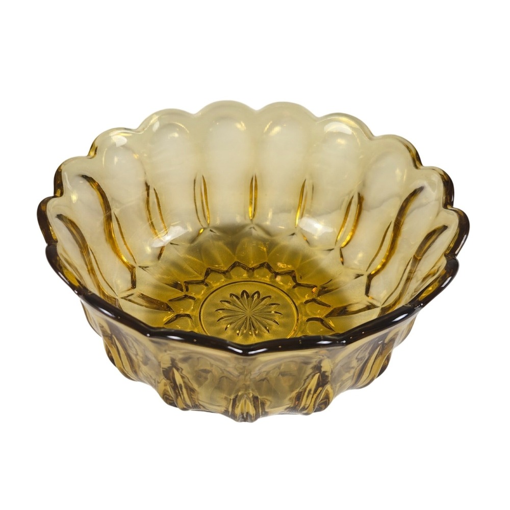 Vintage Amber Glass Scalloped Serving Bowl Floral Starburst Pattern 9 Inch